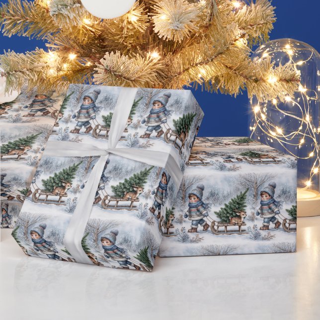 Papier Cadeau Garçon tirant un traîneau à l'ancienne avec Pine T (Vacances)