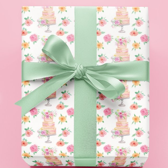 Papier Cadeau Gâteau Chic Couché Aquarelle Avec Motif Rose (Créateur téléchargé)