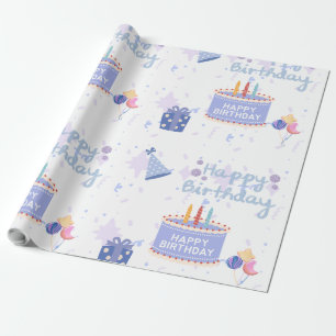 Papier Cadeau Gâteau d'anniversaire bleu pastel mignon motif san