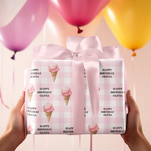 Papier Cadeau Gâteau de glace d'anniversaire personnalisé rose à