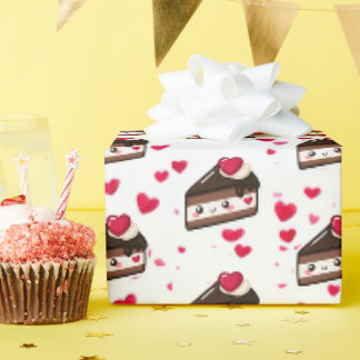 Papier Cadeau Gâteau de la Forêt Noire et cœurs, délicieux gâtea
