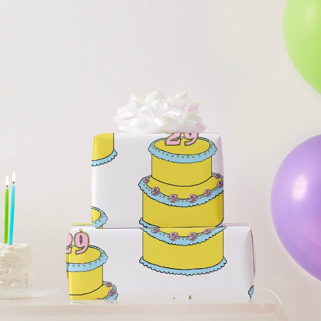 Papier Cadeau Gâteau jaune 29e anniversaire avec roses roses ros (Créateur téléchargé)
