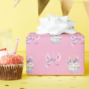 Papier Cadeau Gâteaux d'anniversaire Fleuris Licorne Rose Violet