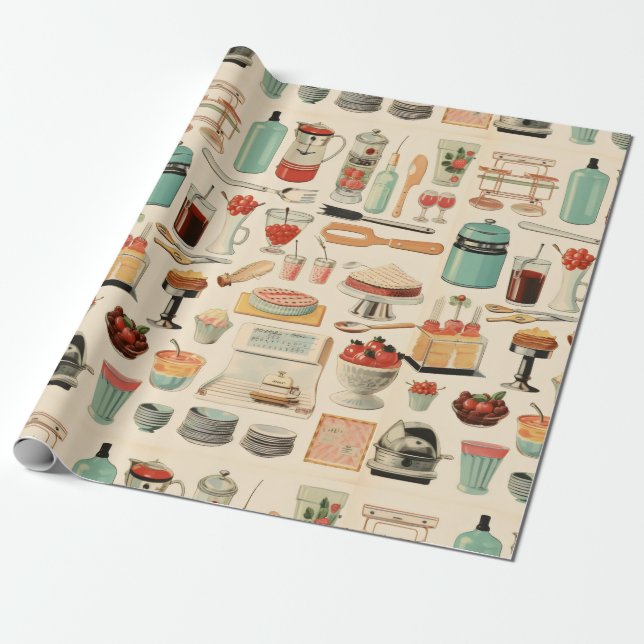 Papier Cadeau Gâteaux et outils de cuisine rétro (Déroulé)