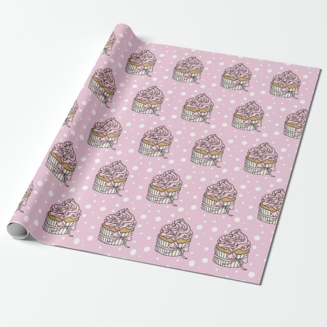 Papier Cadeau Gâteaux Polka Dot Rose et Argent (Déroulé)