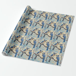 Papier Cadeau Geais bleus vintage sur une branche de glaçon Art