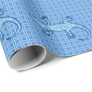Papier Cadeau Gecko tribal de batik - bleu mou de denim