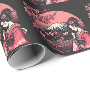Papier Cadeau Geisha japonais Mont Fuji Cerry Blossom Trees