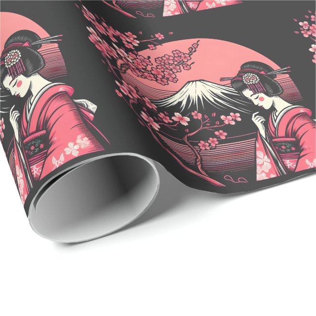 Papier Cadeau Geisha japonais Mont Fuji Cerry Blossom Trees (Coin rond)