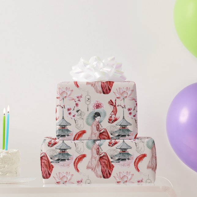Papier Cadeau Geisha oriental, Poisson koi, Pagode japonaise (Cadeaux de fête)