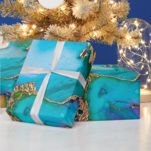 Papier Cadeau Geode faux or bleu violet agate aquarelle chic