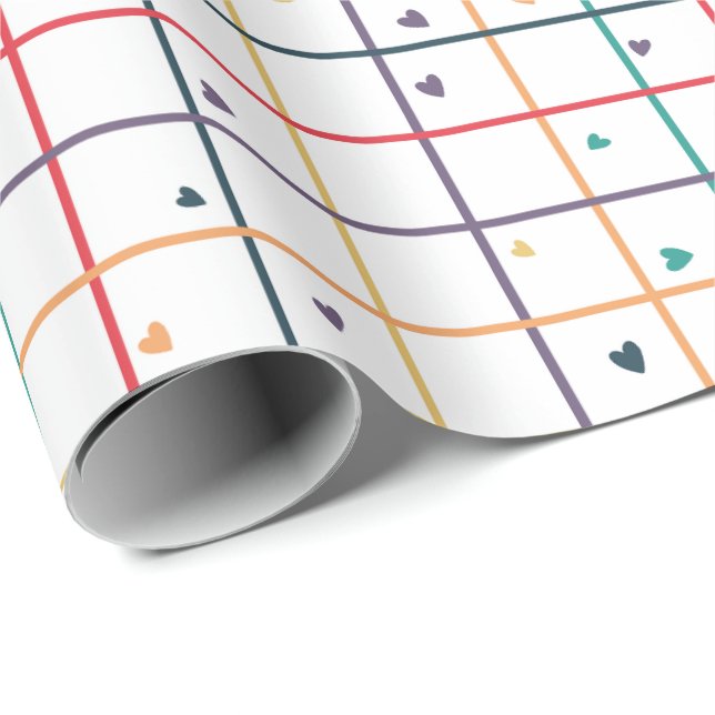 Papier Cadeau Geometric Grid Pattern with Scattered Hearts (Coin rond)