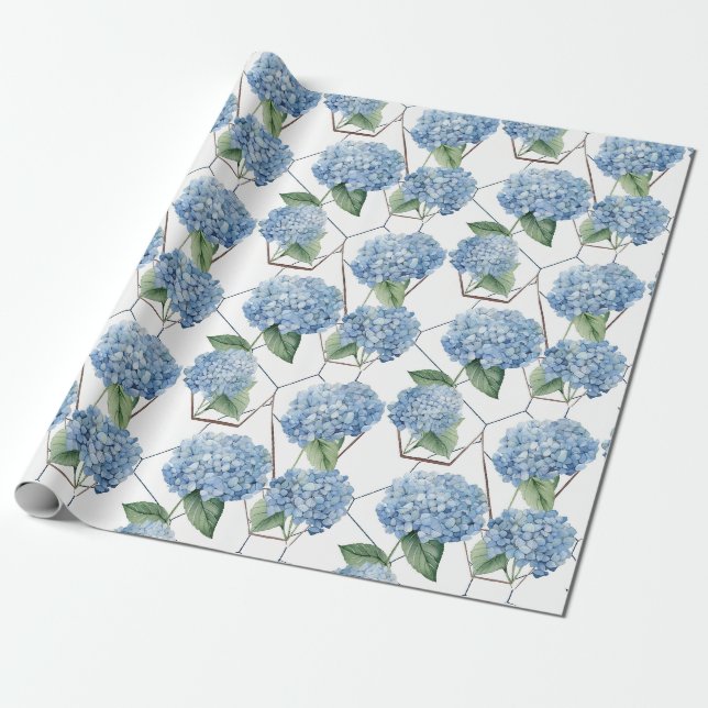 Papier Cadeau Géométrie florale - Hydrangeas bleues et blanches (Déroulé)