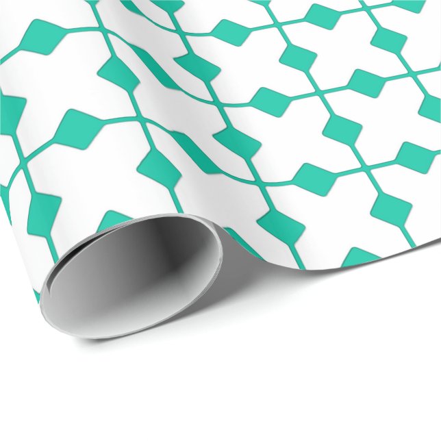 Papier Cadeau Géométrique moderne, diamants - turquoise et blanc (Coin rond)