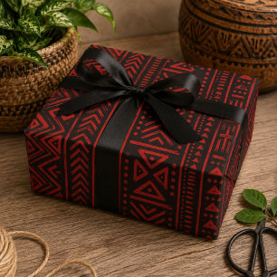 Papier Cadeau Géométrique Tribal Afrocentrique Gras Rouge et Noi