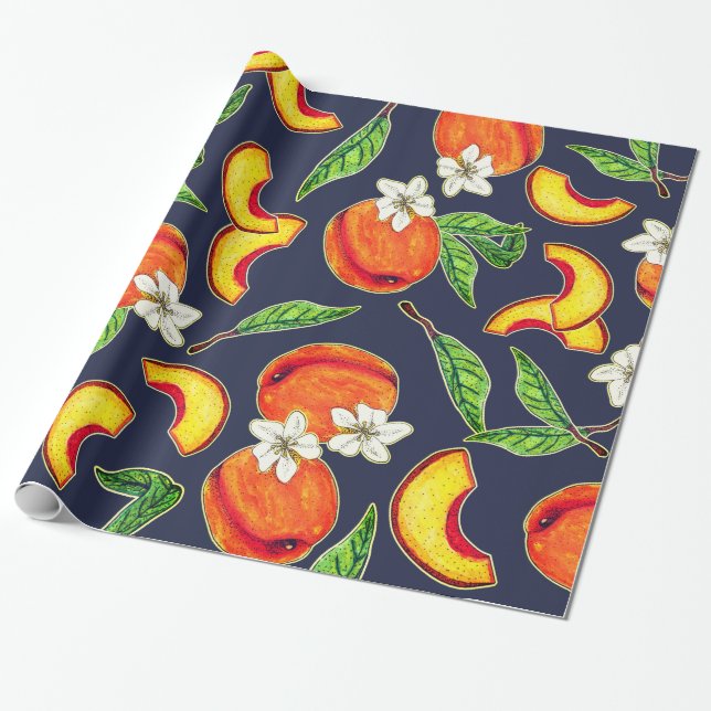 Papier Cadeau Géorgie Pêches et Feuilles (Déroulé)