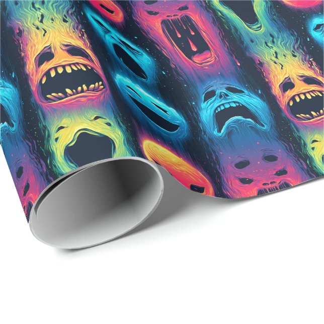 Papier Cadeau Ghost Emoji Glow - Haunted Neon Spirit Visages (Coin rond)