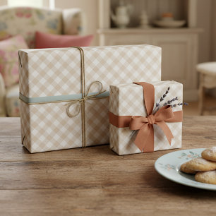 Papier Cadeau Gingham blanc taupe beige marron Shabby Chic