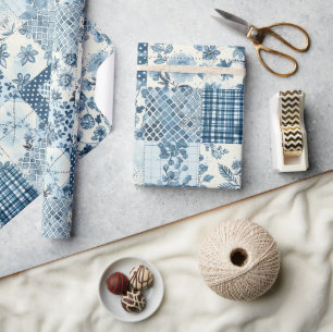 Papier Cadeau Gingham Fleur Bleu Cottagecore Patchwork