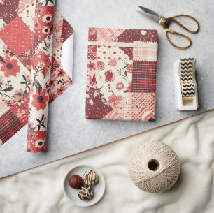 Papier Cadeau Gingham Fleurs de Cottage Rouge