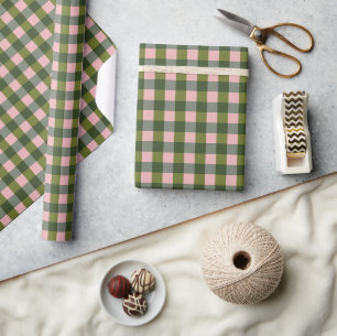 Papier Cadeau Gingham Rose Et Vert Printanier