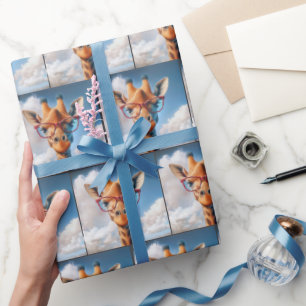 Papier Cadeau Girafe Dans Les Nuages Portant Des Lunettes Rouges