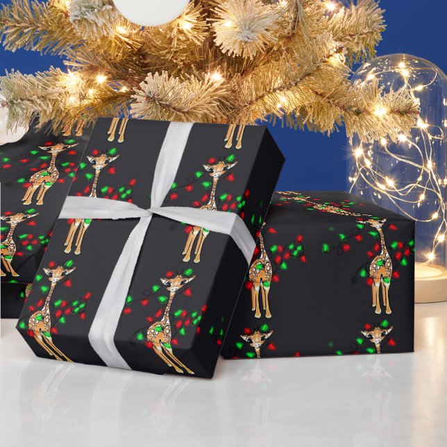 Papier Cadeau girafe de Noël festive, vert rouge scintillant (Vacances)