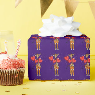 Papier Cadeau Girafe mignonne, ballons de coeur étincelant de pa