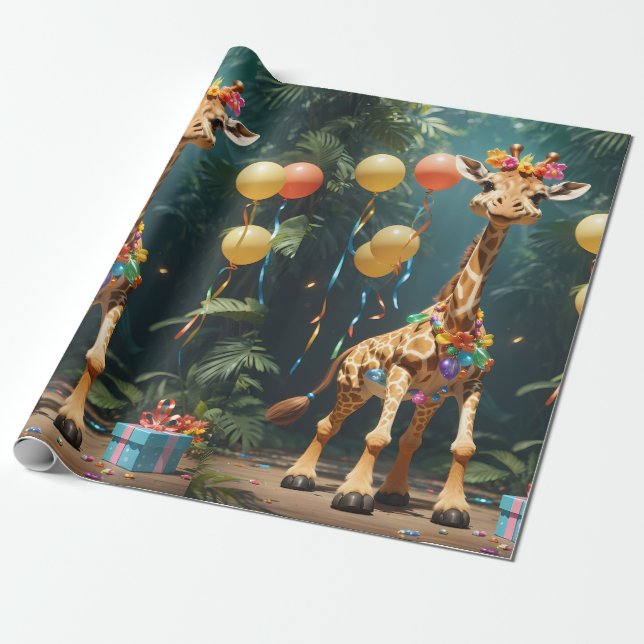 Papier Cadeau Girafe riant avec des cadeaux | Papier d'enrobage (Déroulé)