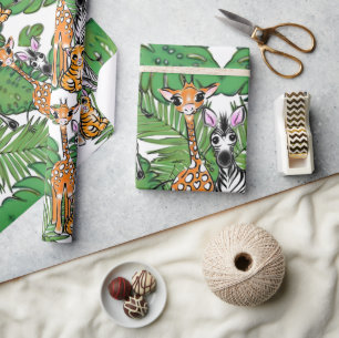 Papier Cadeau Girafe zèbre tigre jungle amis