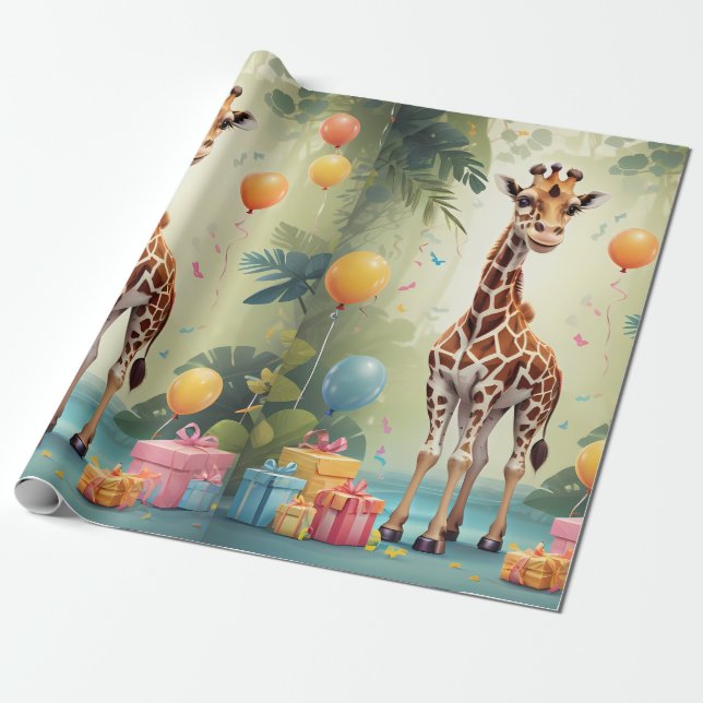 Papier Cadeau Giraffe & Cadeaux dans la jungle | Papier d'enroba (Déroulé)