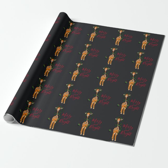 Papier Cadeau Giraffe de Noël festive, guirlande verte rouge (Déroulé)