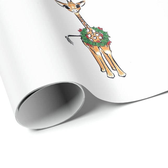 Papier Cadeau Giraffe Festive - couronne Holly rouge-vert (Coin rond)