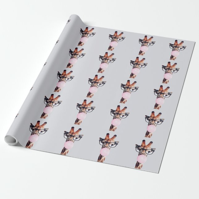 PAPIER CADEAU GIRAFFE PORTANT DES VERRES SOUFFRANT UN BUBBLEGUM  (Déroulé)