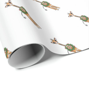 Papier Cadeau Giraffes de Noël, couronne verte rouge Holly