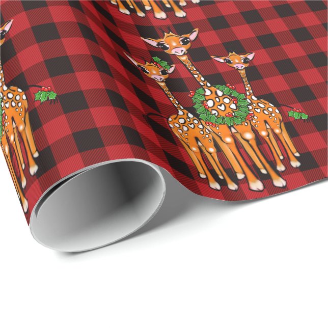 Papier Cadeau Giraffes de vacances, guirlande sainte, tartan rou (Coin rond)