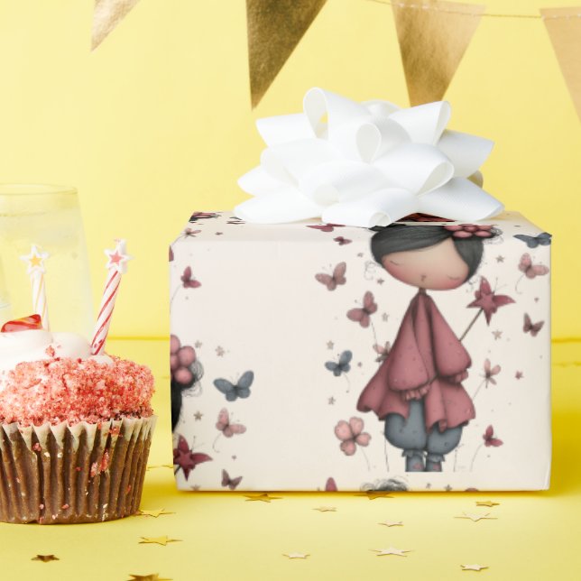 Papier Cadeau Girl with Magic Wand and Butterflies Pattern (Fête d'anniversaire)
