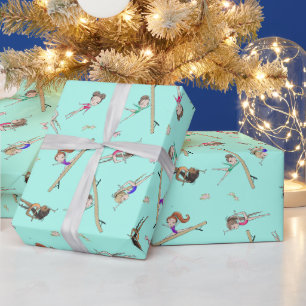 Papier Cadeau Girls Gymnastique Blue Green Turquise Motif