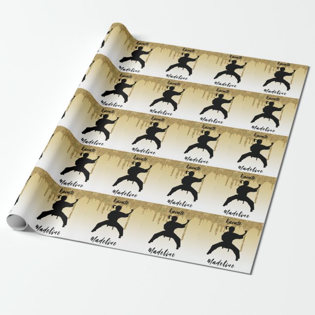 Papier Cadeau Girls Karate Stance Gold Parties scintillant Drip  (Déroulé)