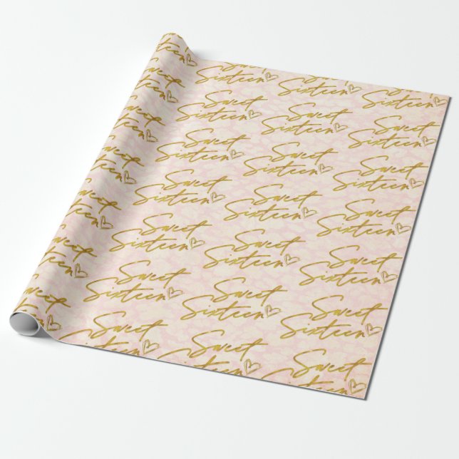 Papier Cadeau Girly Gold Sweet 16 sur Blush Pink (Déroulé)