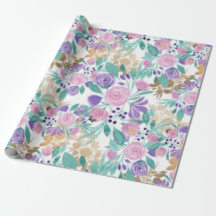 Papier Cadeau Girly pink Violet Purple Gold Watercolor Flowers