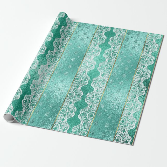 Papier Cadeau Glam Aqua Mint Green Golden Foil White Lace (Déroulé)
