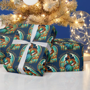 Papier Cadeau Glam Black Woman Elegant Turquoise & Or Noël