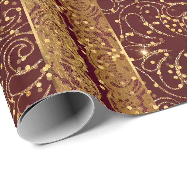Papier Cadeau Glam Burgunde Bois Golden Foil Dentelle florale (Coin rond)
