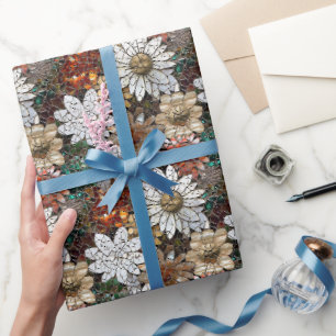 Papier Cadeau Glam Champagne Or Rouge Fleurs blanches
