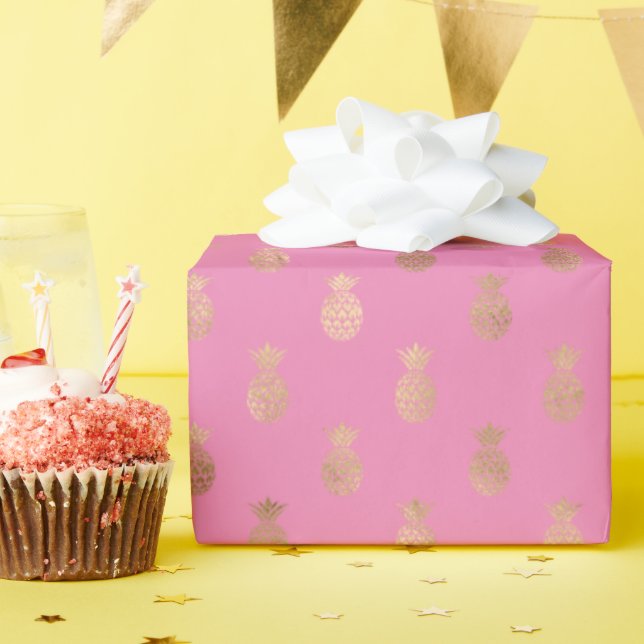 Papier Cadeau Glam or rose vif Ananas Tropical (Fête d'anniversaire)