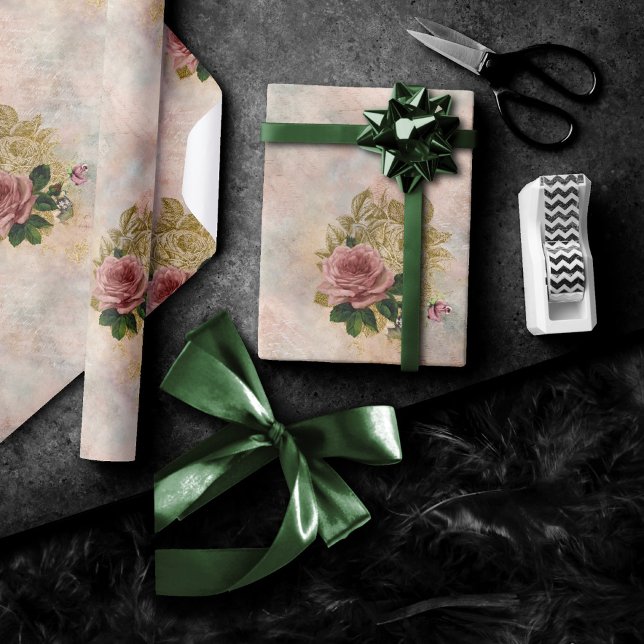 Papier Cadeau Glam Steampunk | Rose rose et or Rustique Floral (Créateur téléchargé)