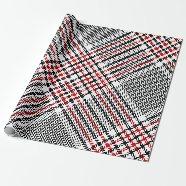 Papier Cadeau Glen plaid motif. Noir, rouge, blanc goudron trans (Déroulé)