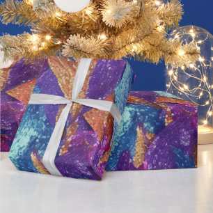 Papier Cadeau Glitterie brillante violet Feuilles bleu et or