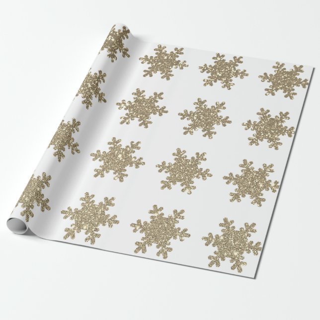 Papier Cadeau Glittery Gold Snowflake Patterns White Christmas (Déroulé)